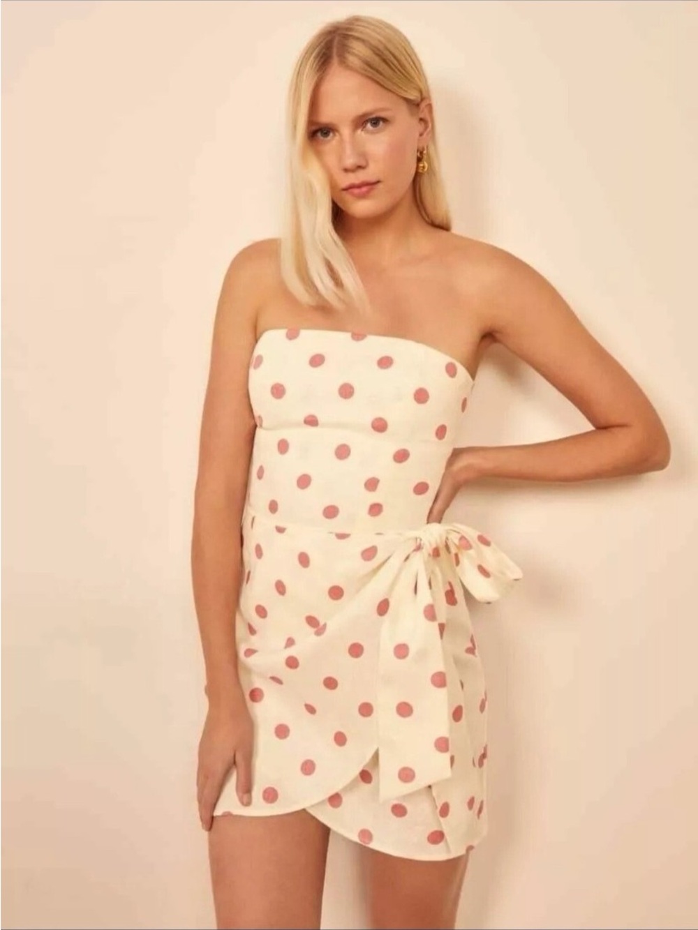 Reformation Andie Strapless Cream Dress with Pink Polka Dots NWT